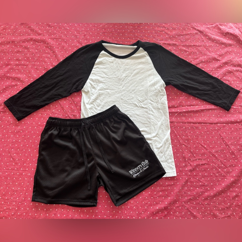 Unisex Black Winners Club Mesh Shorts & Raglan Baseball Tee Set